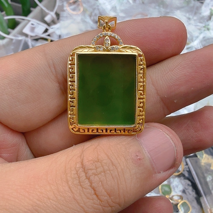 和田玉（碧玉）颈饰银S925镀金镶嵌