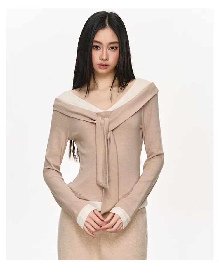 anna aneae撞色假两件内搭打底衫女秋冬季绑带蝴蝶结设计感针织衫