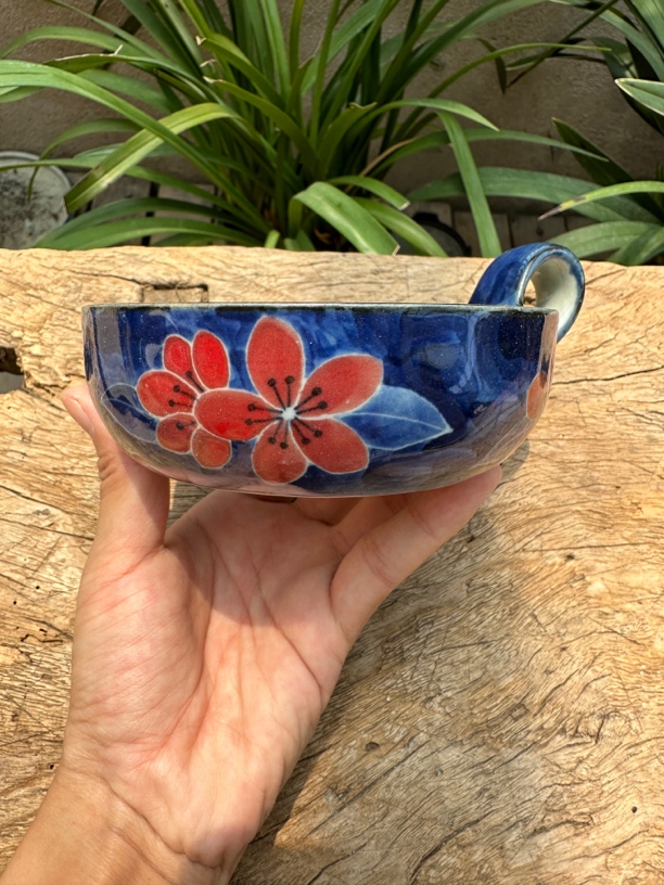 【近山古美】桃花朵朵把手碗高温手绘釉下青花瓷