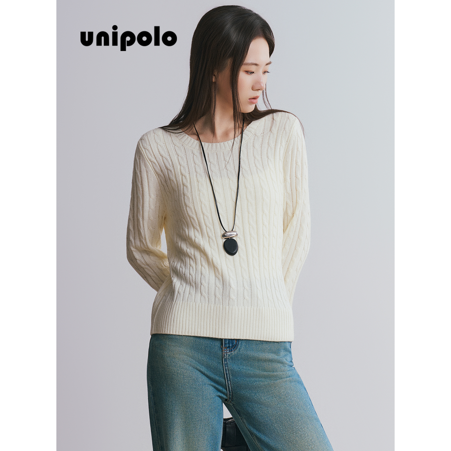 UNIPOLO 拉夫款美利奴羊毛混纺粗针“微宽松”版立体绞花圆领毛衣