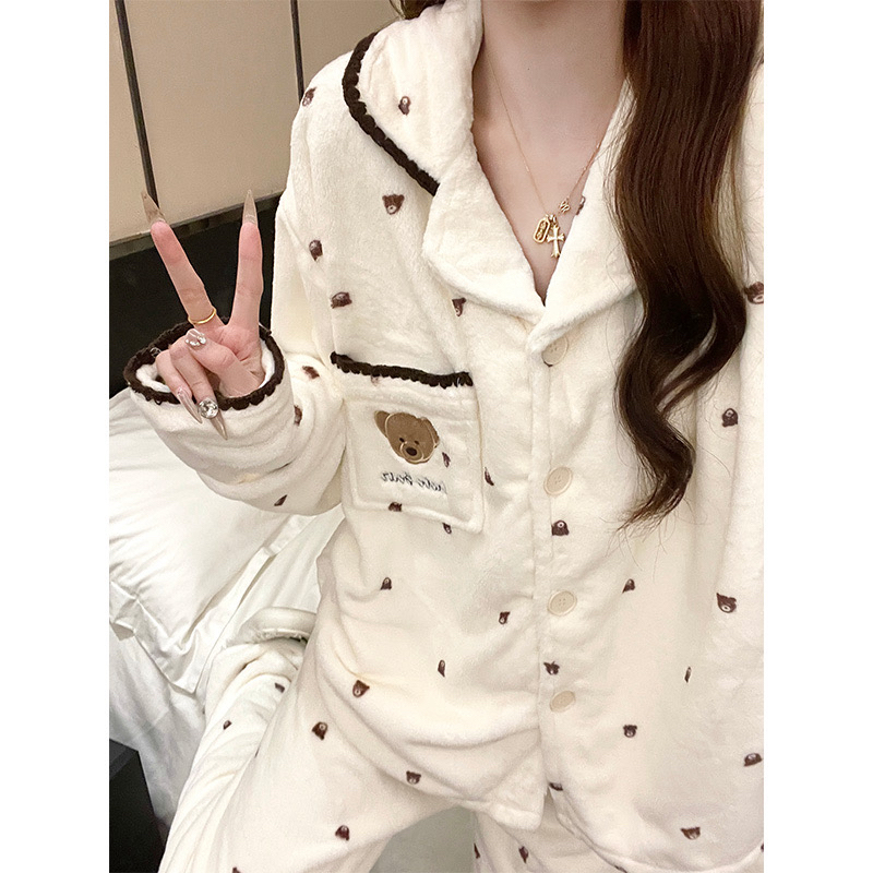 小熊法兰绒睡衣女冬季简约开衫网红加绒加厚爆款套装冬天家居服