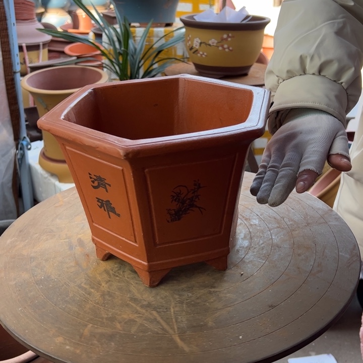 紫砂宜兴紫砂花盆红六方清雅小