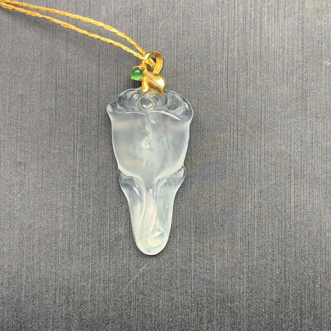 天然缅甸翡翠A货 18k金镶嵌冰起杠玫瑰花