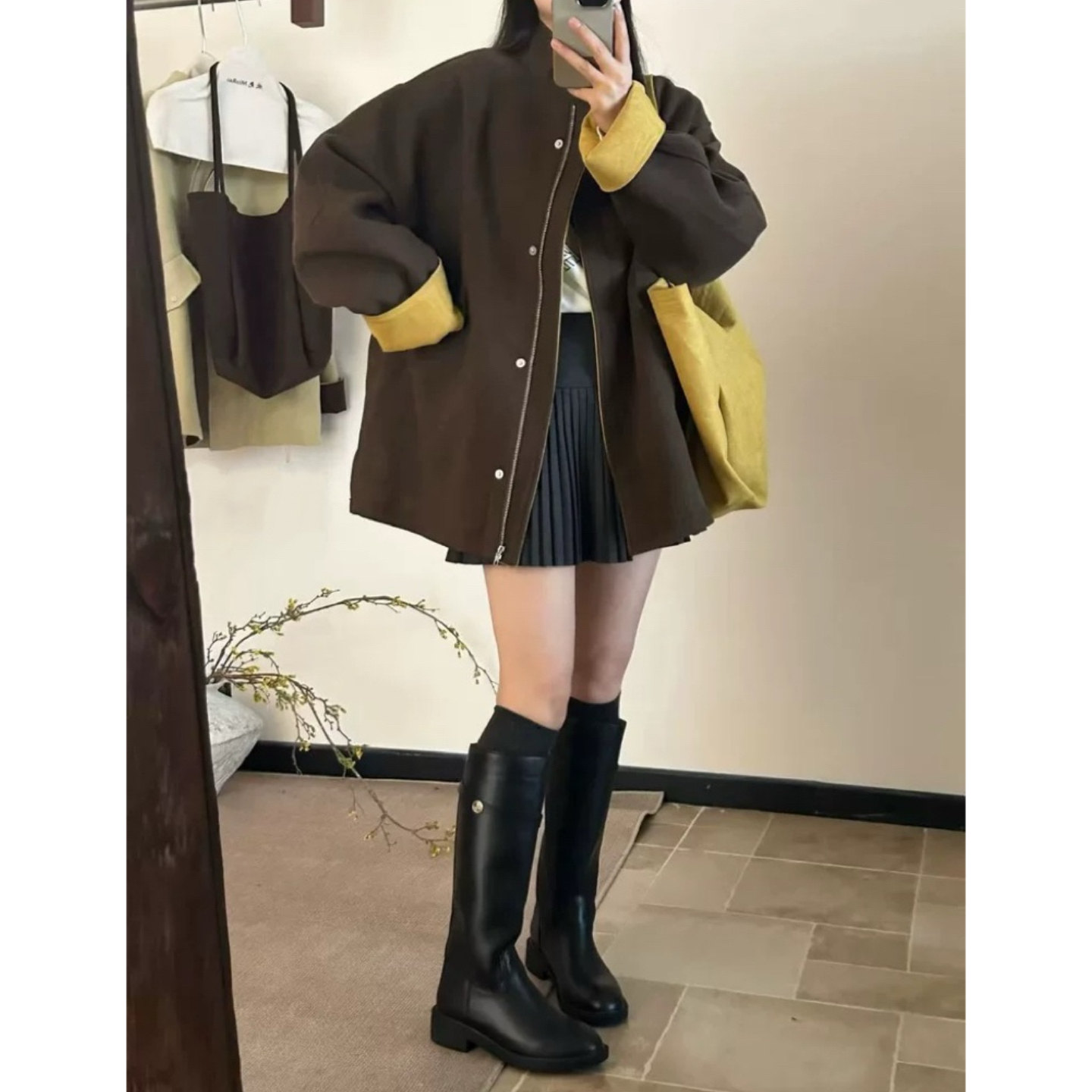 妮妮家8106冬季新款加绒加厚撞色抽绳收腰拉链按扣上衣外套