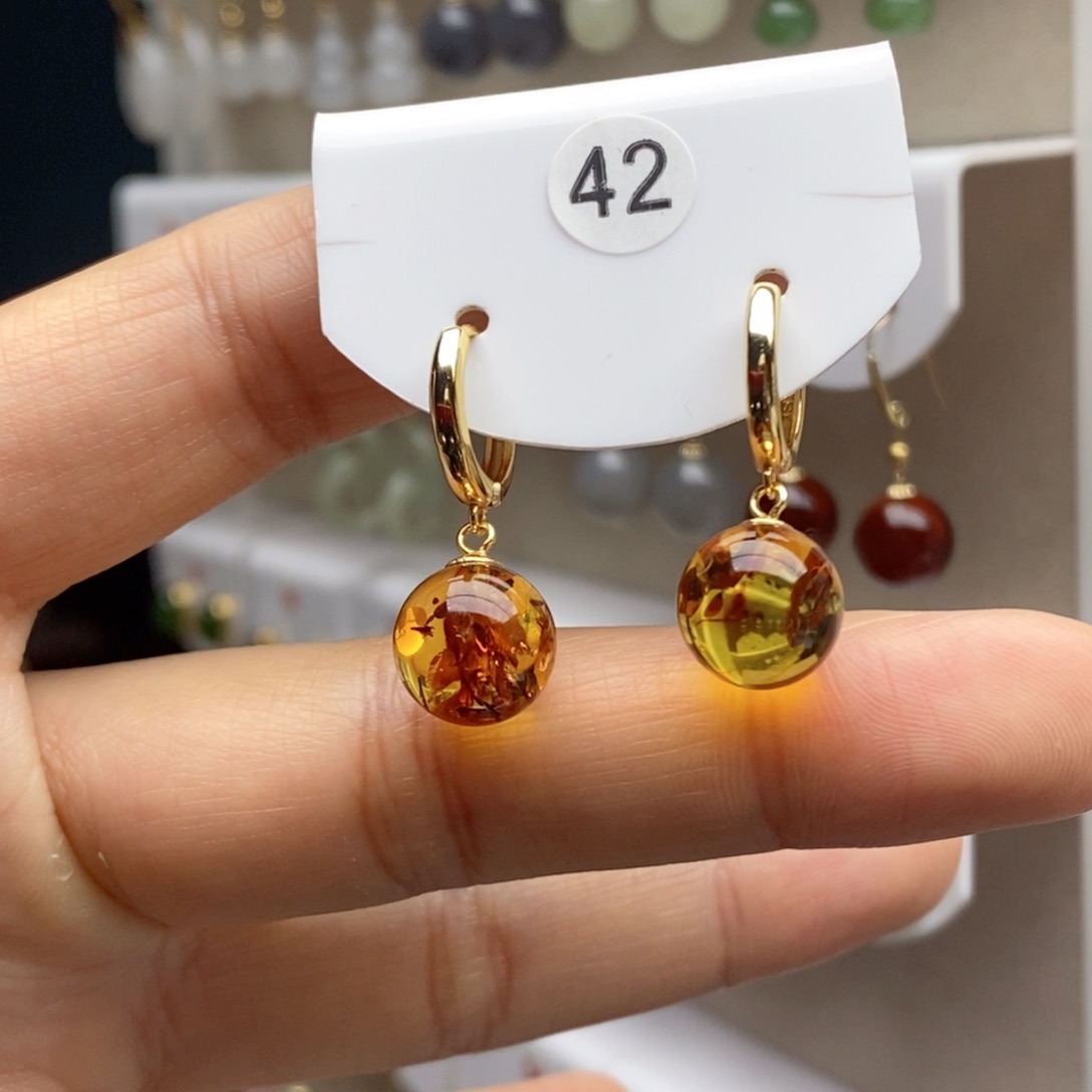 琥珀（花珀）银S925镶嵌耳饰