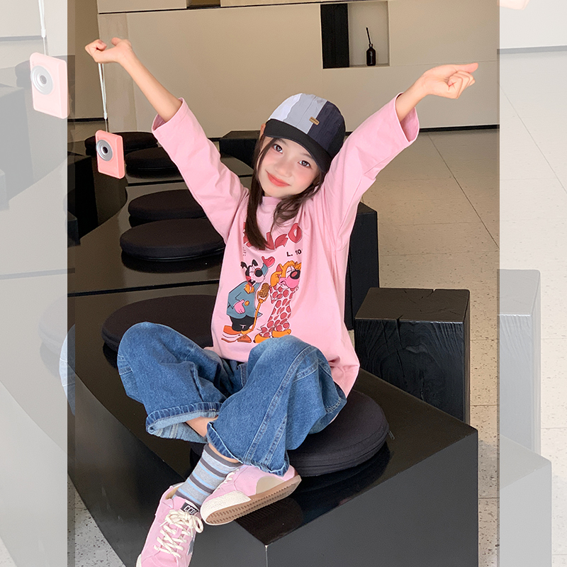 西西家女童2025秋季新款卡通印花粉色长袖T恤儿童百搭上衣JX91918