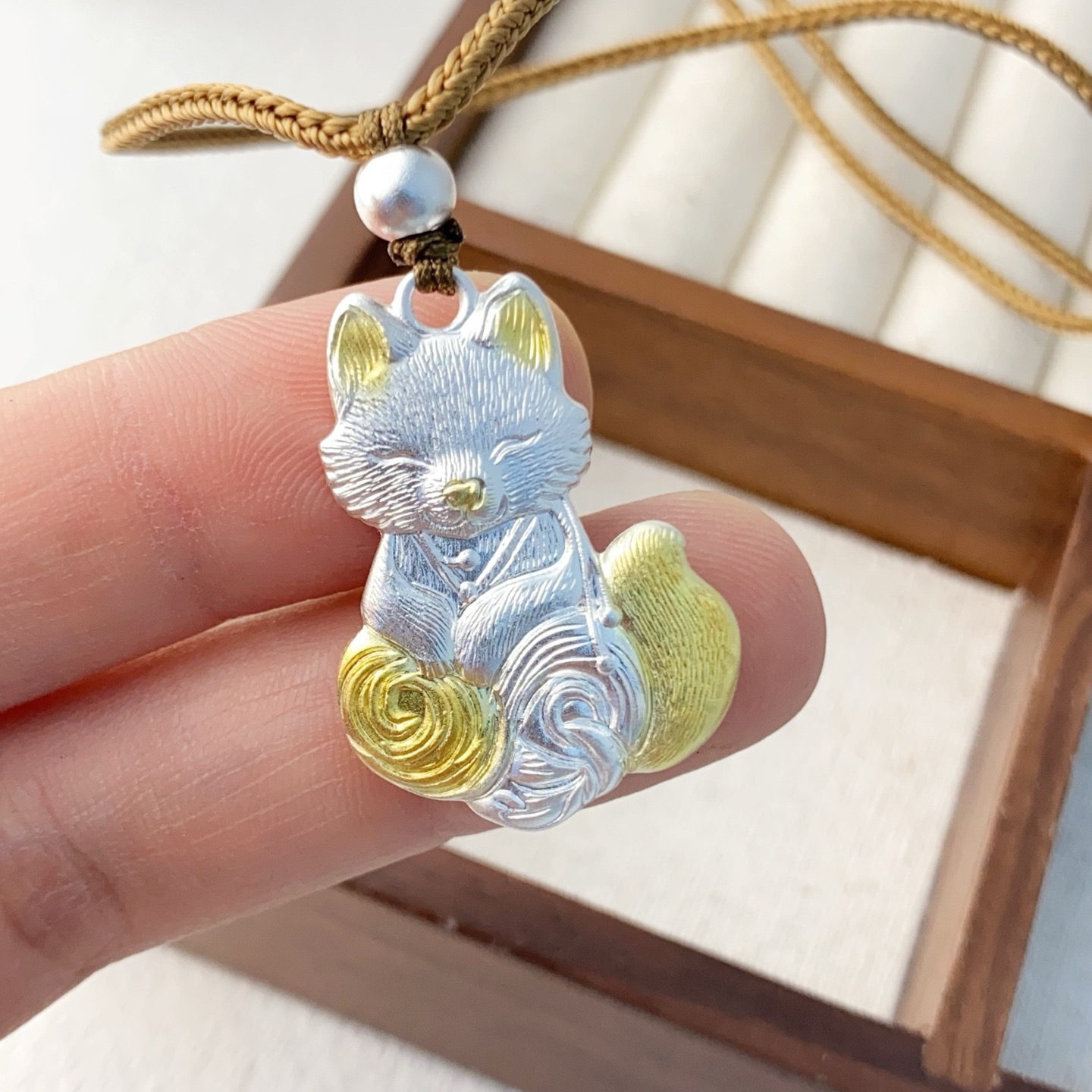 吊坠足银 足银999.9描金狐狸吊坠小众国风送礼百搭纯银实心