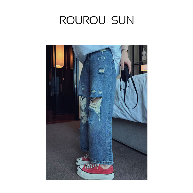 5783水洗直筒破洞牛仔裤女磨白宽松镂空复古