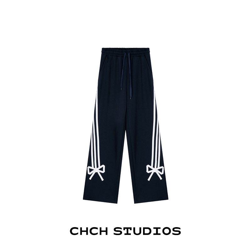 RAQCK42842蝴蝶结贴条运动长裤款美式宽松中高腰直筒休闲阔腿裤