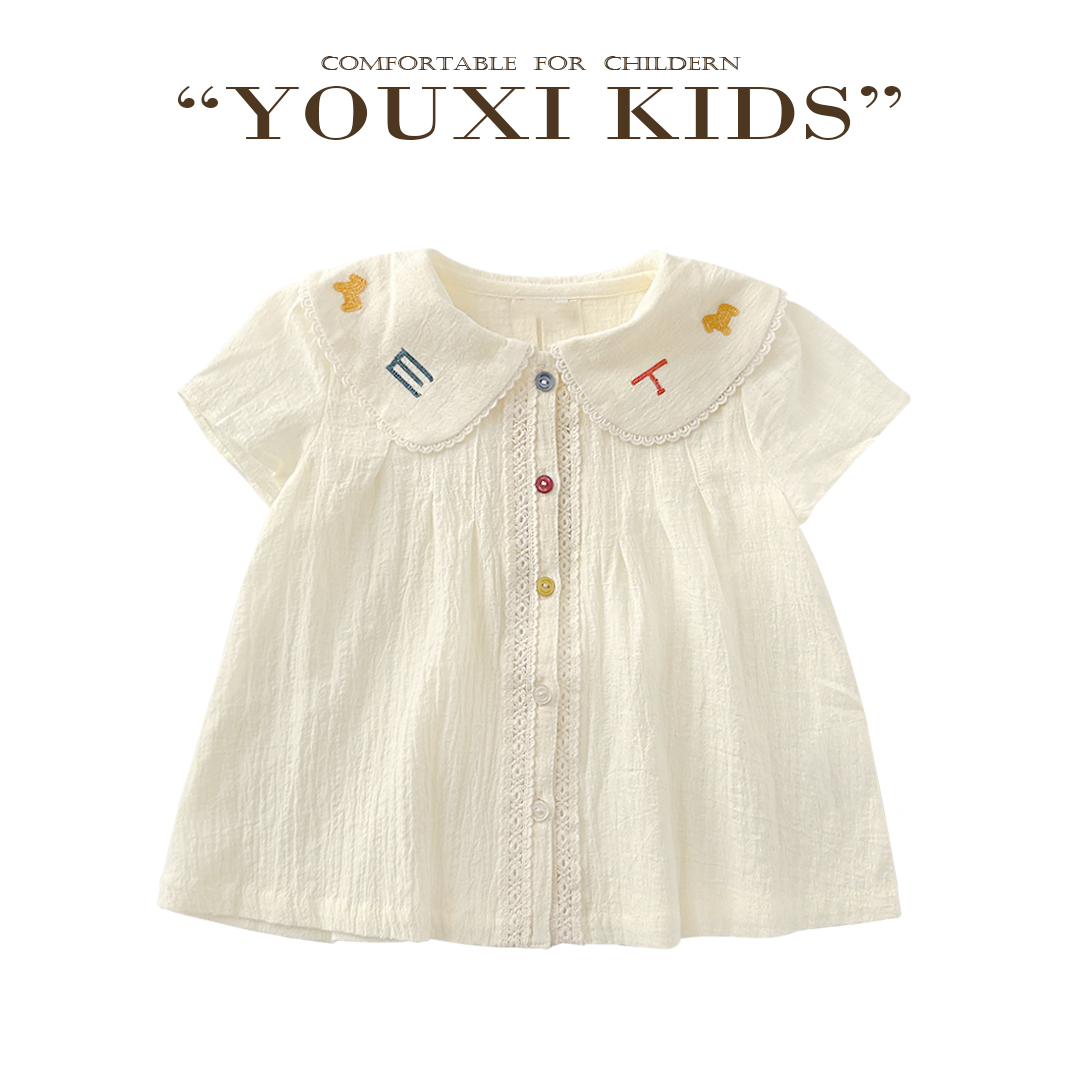飞飞家·奶油雪山新款夏女童重工刺绣彩色扣娃娃领短袖衬衫 FF2809