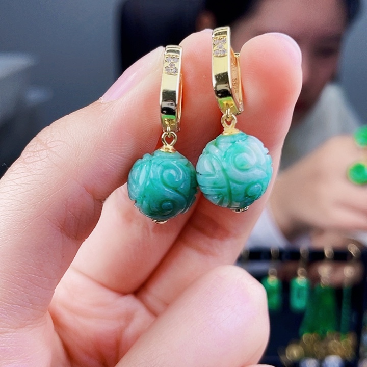 翡翠耳饰银S925镶嵌饰品