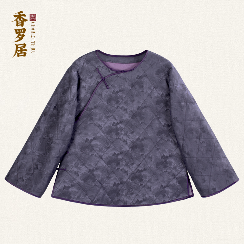 【云间雾】中式复古丝毛提花缎国风斜襟宽松女装羊绒棉服打底上衣