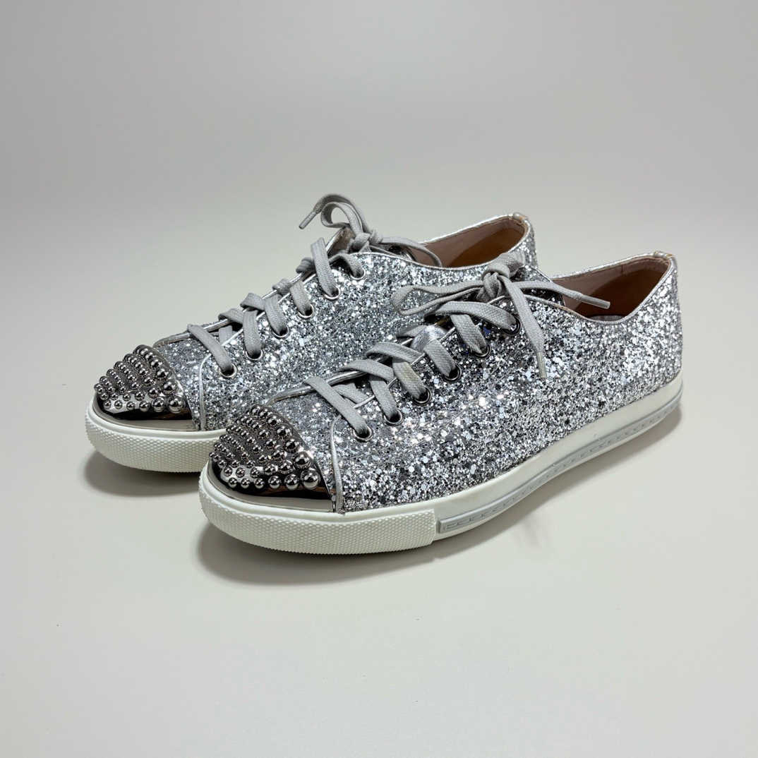 95新 MIU MIU/缪缪 MIUMIU缪缪亮钻闪粉低帮板鞋 38码 95新13747