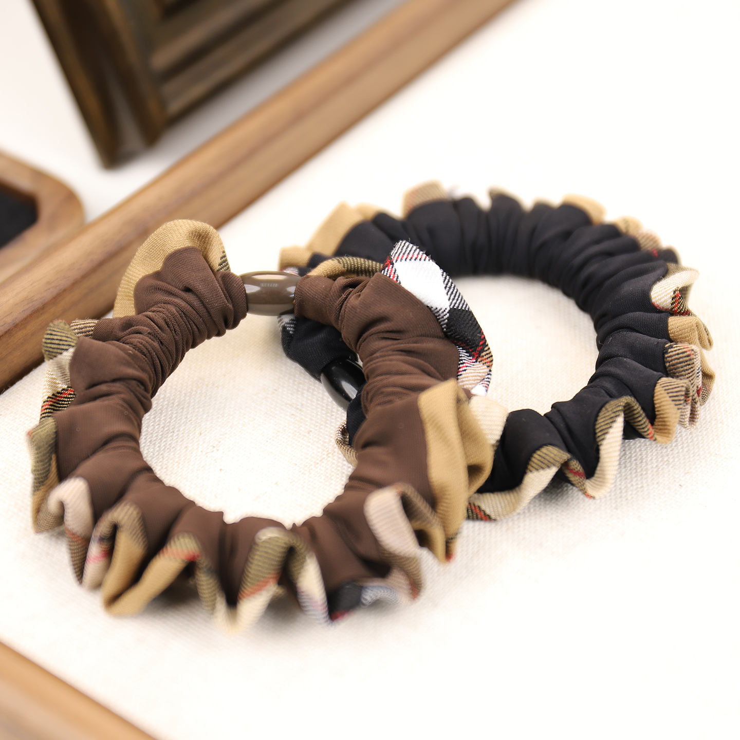 【3根装】新款花色格子头绳英伦复古小肠发圈高弹力褶皱格纹花边