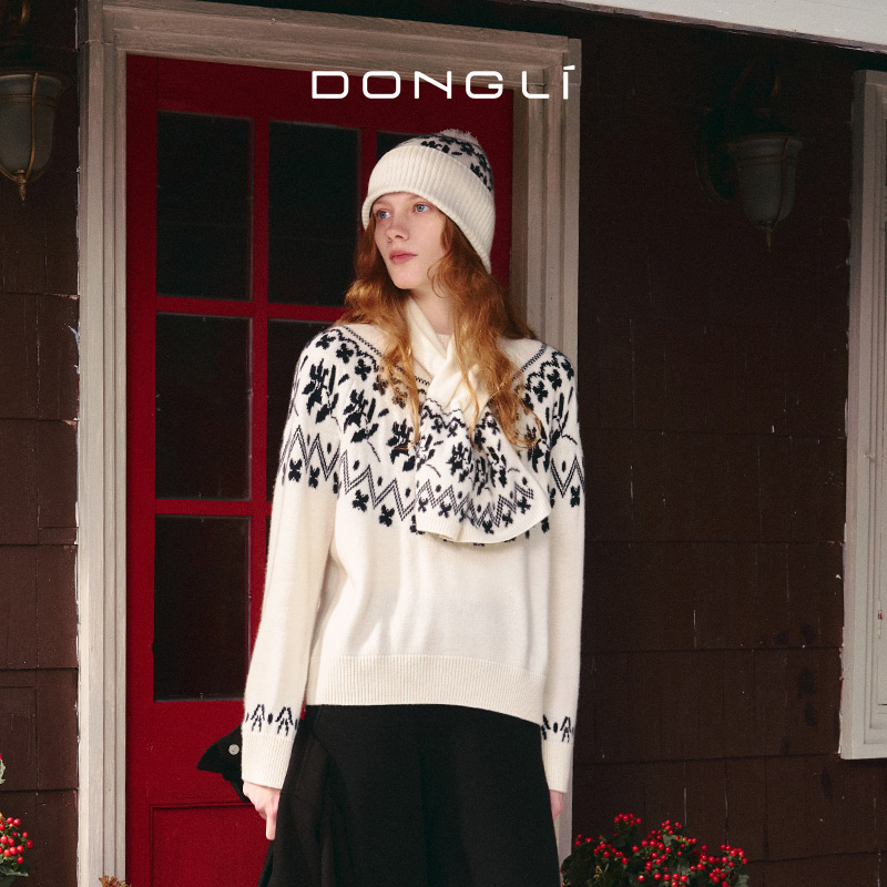 东黎 山羊绒 童心未远-期待花信 流光风女士秋冬提花圆领套衫5559