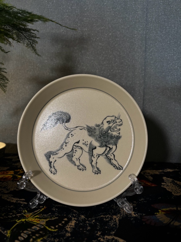 觅瓷景德镇陶瓷 幽蓝溪堂 原矿元青花 古拙味足二号釉狮子小壶承