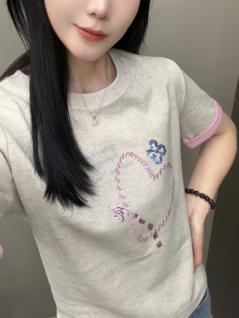 双色棉刺绣 2025早春新款圆领短袖 T恤女修身显瘦时尚百搭