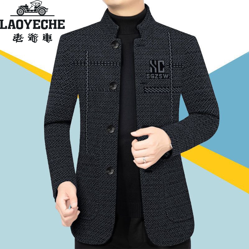 老爷车新款高档立领毛呢大衣秋冬加绒外套加厚韩版帅气男士中山装商品图