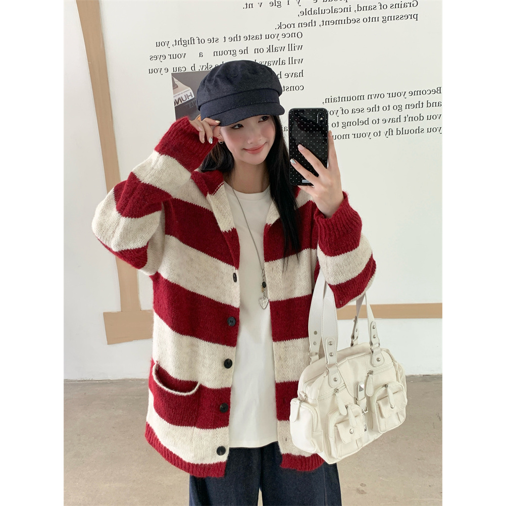 洋气衣服女~早秋新款韩系慵懒风条纹宽松连帽毛衣针织开衫女
