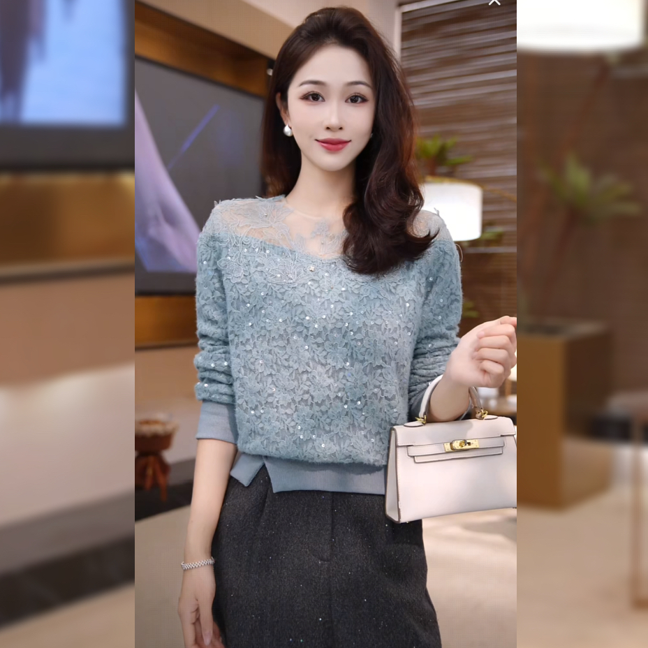 【林雪雪】雾里温柔秋冬新款气质百搭遮肉显瘦蓝色针织衫2512998