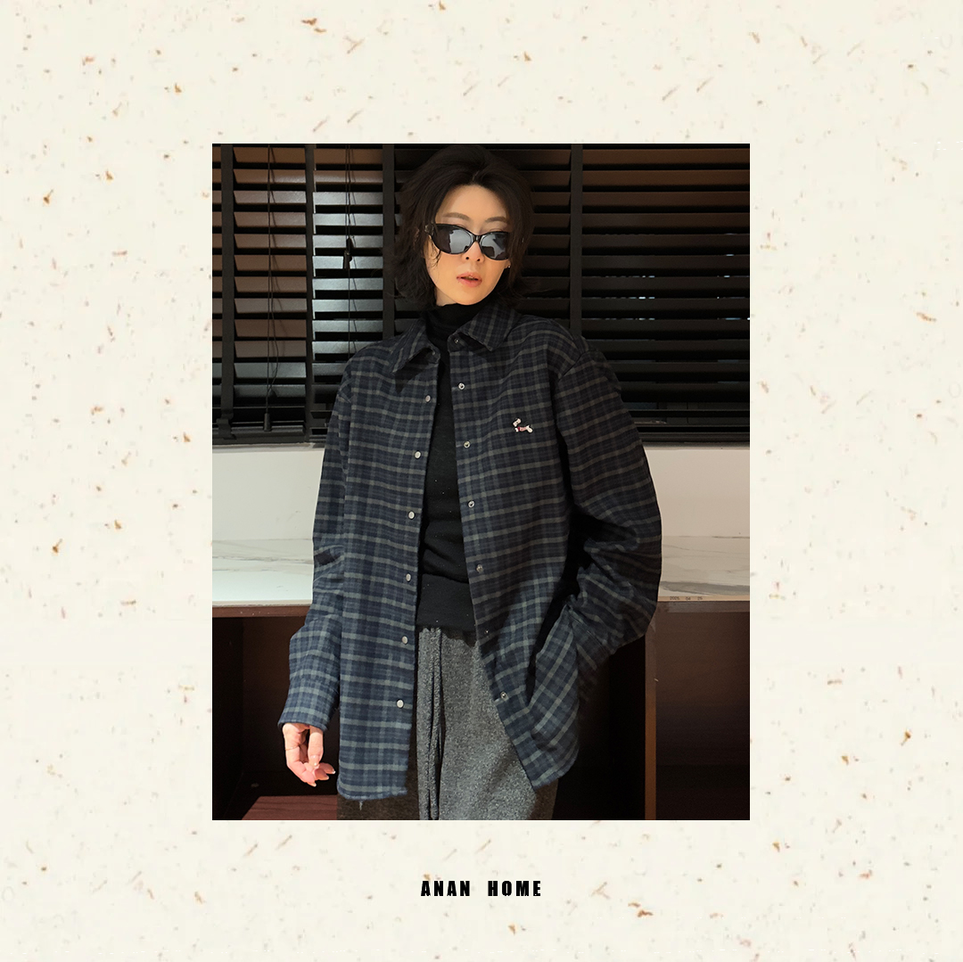 ANAN2025｜拾光格｜新款欧货刺绣宽松磨毛休闲格子衬衫 X58213
