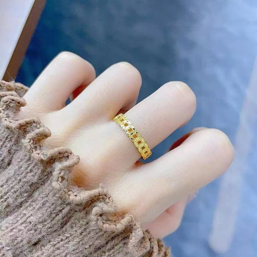 铜合金戒指 铜钱戒指饰品轻奢时尚百搭简约指环女士金色可调节