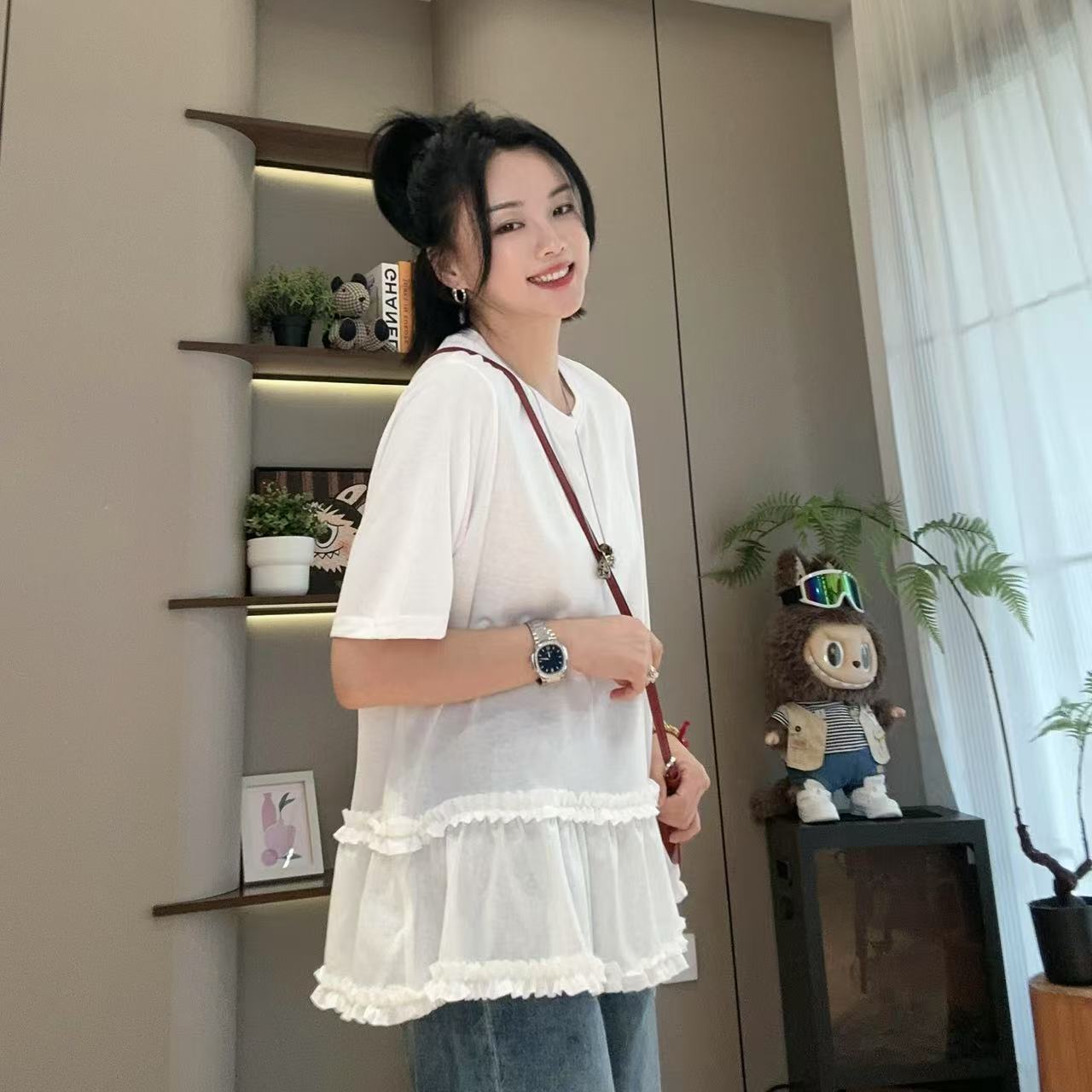 夏季荷叶边纯色圆领宽松短袖T恤5-6-22