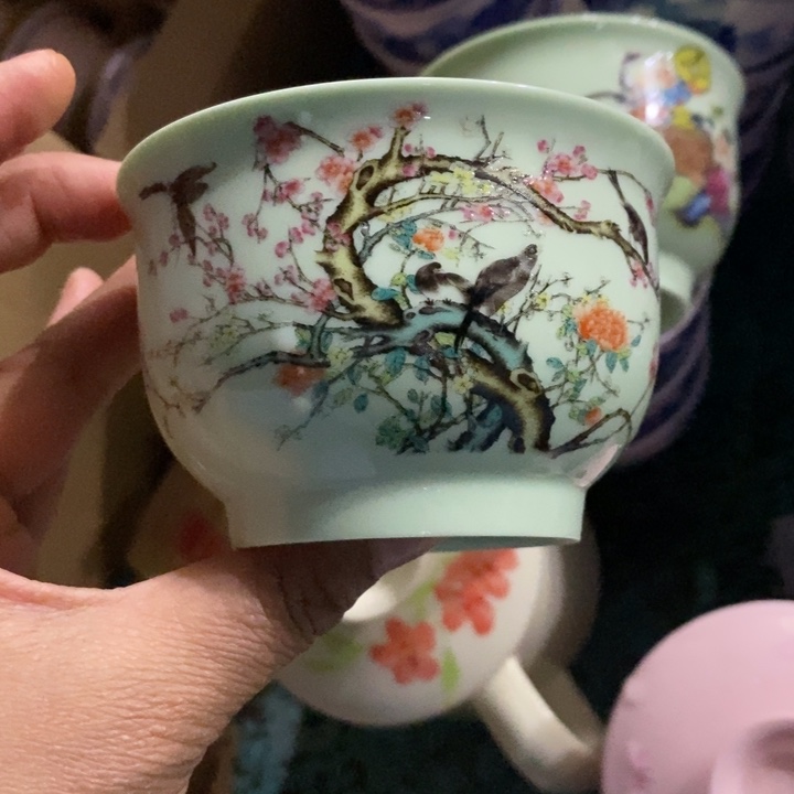 摆件陶绿稀土梅花鸟大缸杯