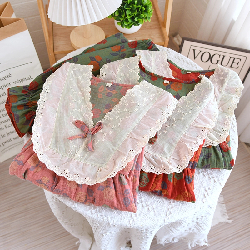 棉朵良品/V领色织纯棉花边领蕾丝套头四季款舒适透气睡衣女套装