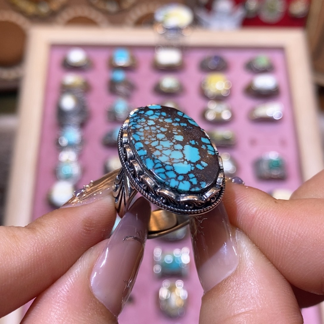 绿松石戒指银S925镶嵌月***?戒指