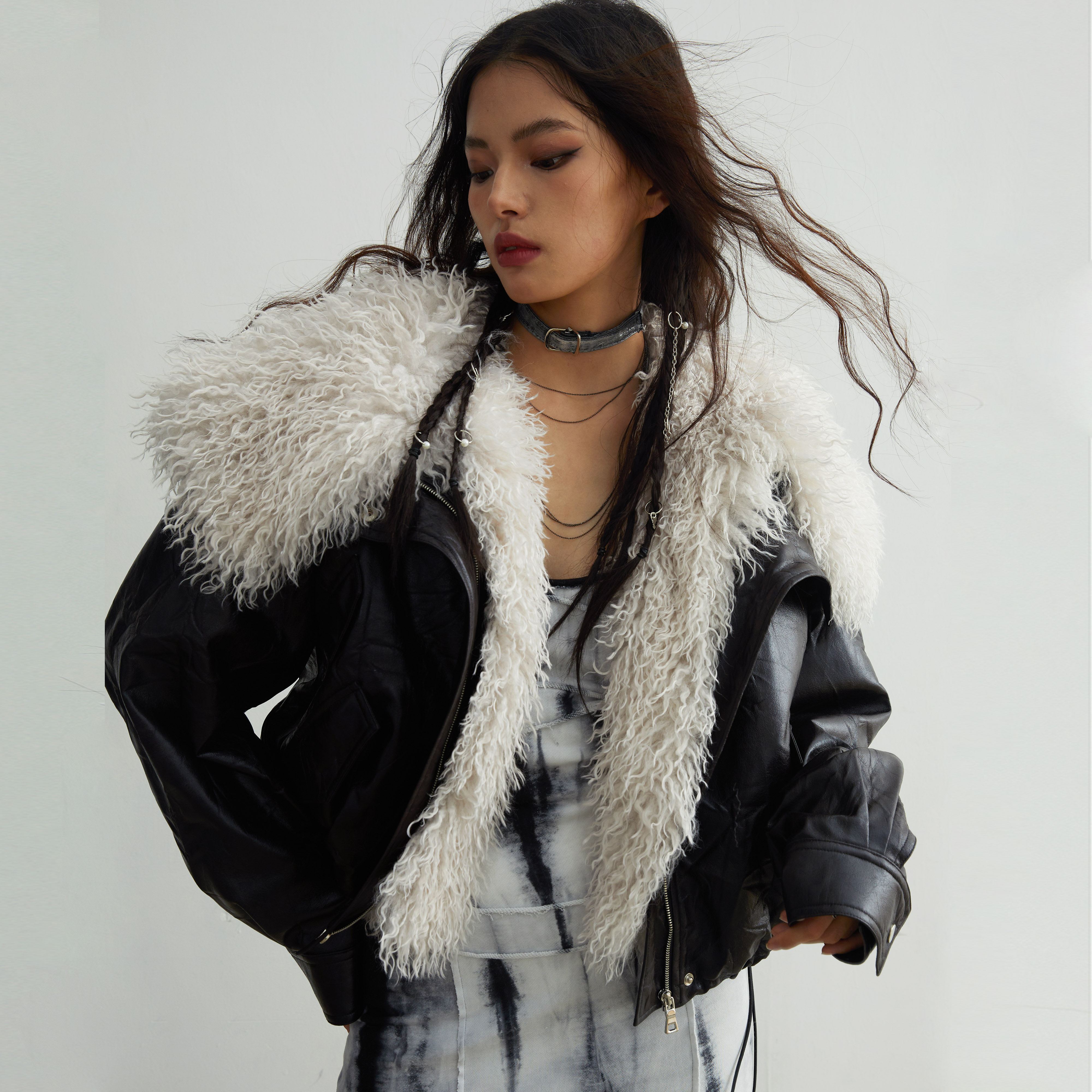 JNYLON设计师品牌西伯利亚风复古静奢可脱卸大毛领仿皮夹克外套