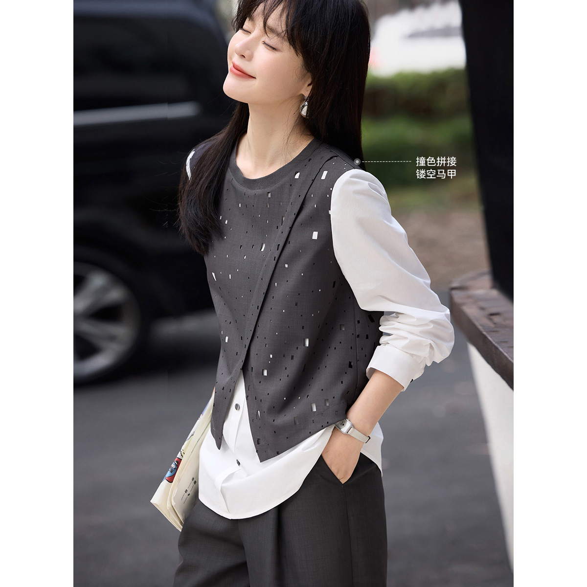 沫晗依美镂空拼接马甲假两件上衣2025春季新款时尚设计感宽松衬衫