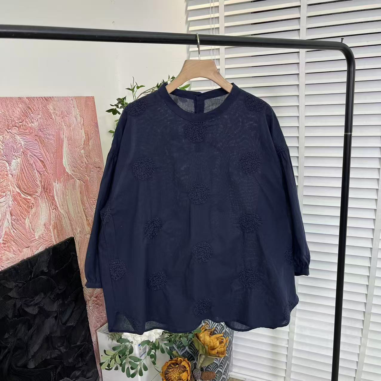 刺绣百搭舒适「透气套头短袖」水洗棉衬衫女E5900