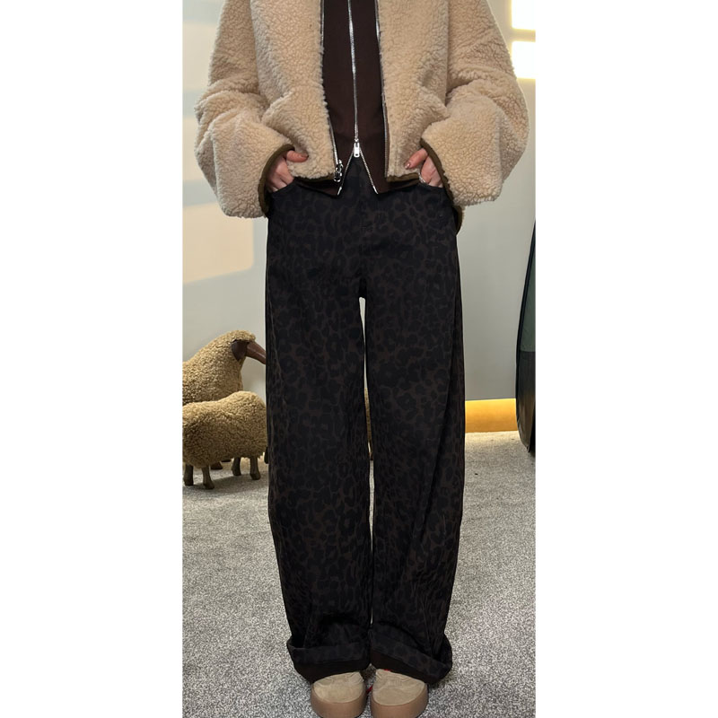 【专柜款】25年冬季新款时尚复古豹纹高腰弯刀牛仔裤0978