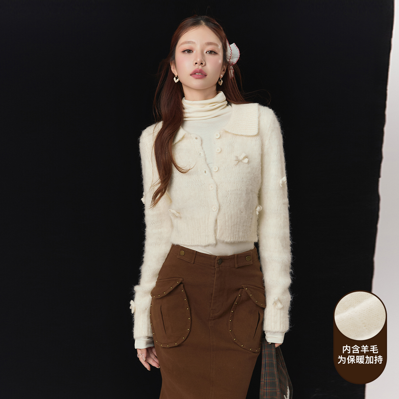 CHUU立体蝴蝶结长袖针织衫女2024冬季新品单排扣翻领开衫短上衣