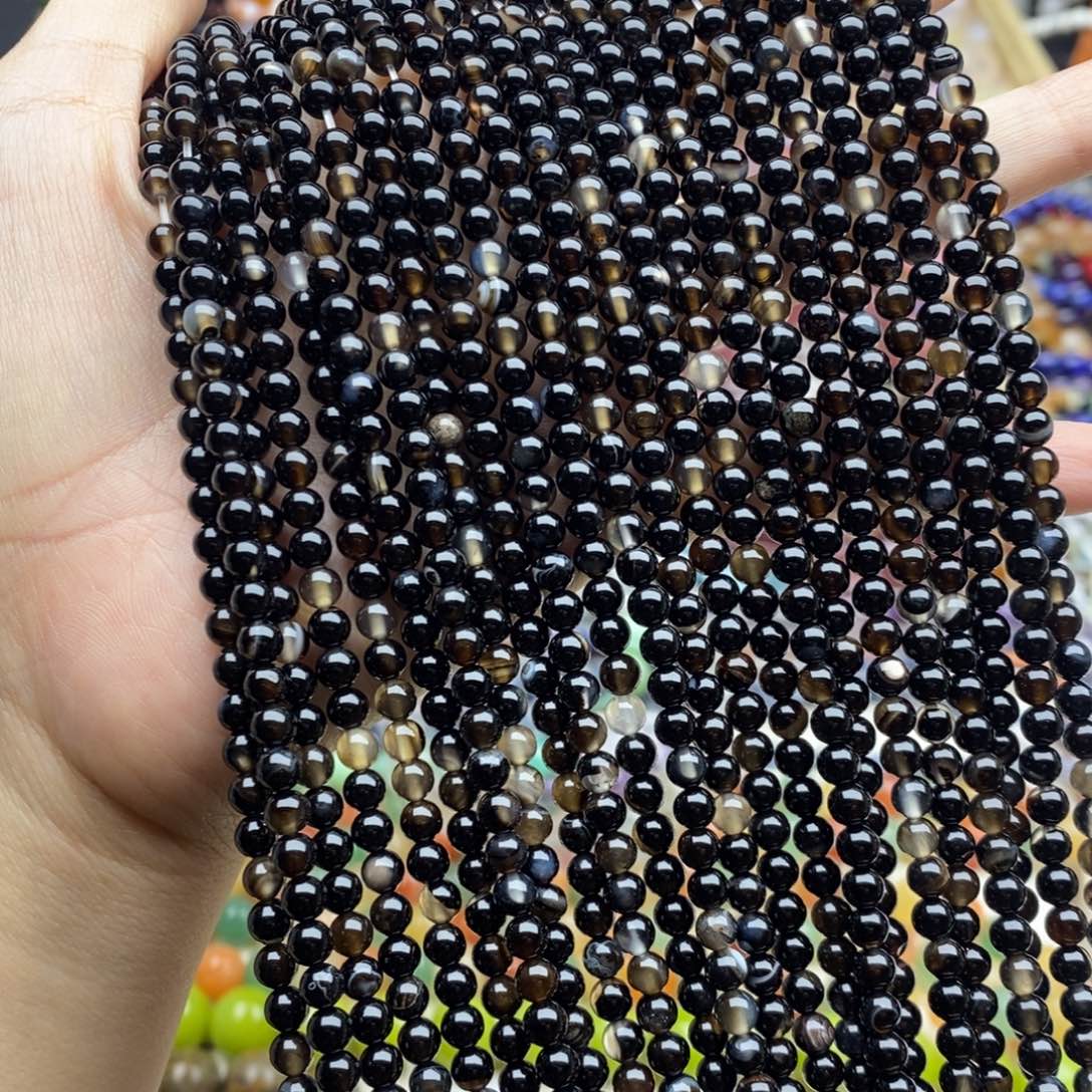 玛瑙/玉髓未镶嵌珠宝半成品两条装纯天然黑玛瑙圆珠4mm