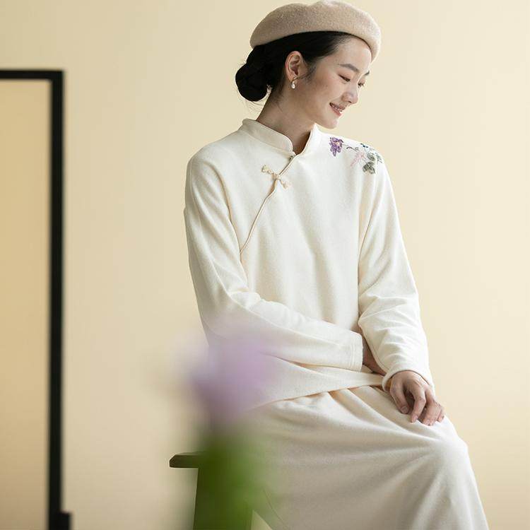 牧衣游原创 32支纯棉手工刺绣净色衬衫立领中式套头上衣女 琼枝