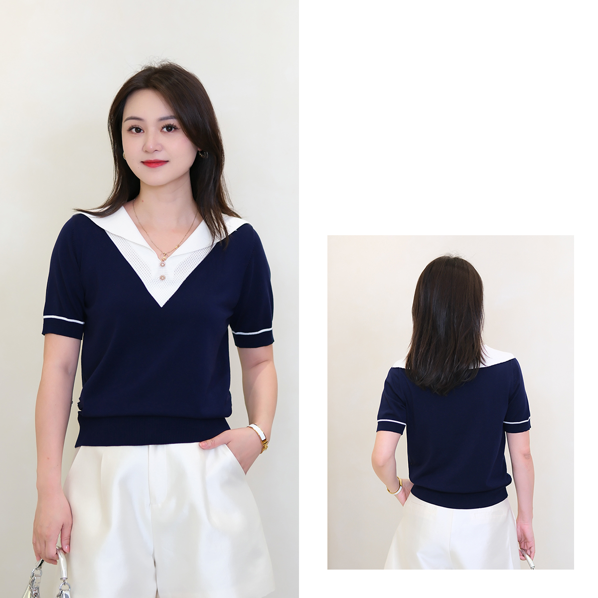 [alicelulu]新款海军蓝针织衫拼色减龄薄款透气S2143075E