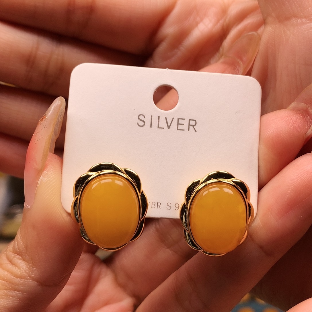 蜜蜡耳饰银S925镶嵌耳钉