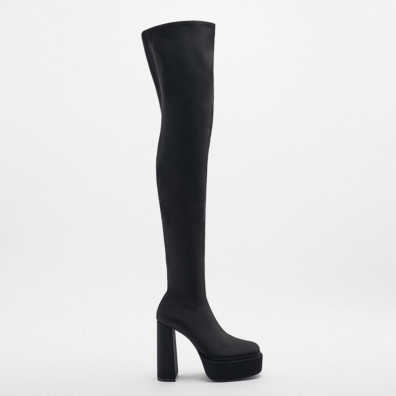 秋冬绸缎防水台高筒黑色超高跟粗跟长筒靴女过膝长靴女弹力袜靴