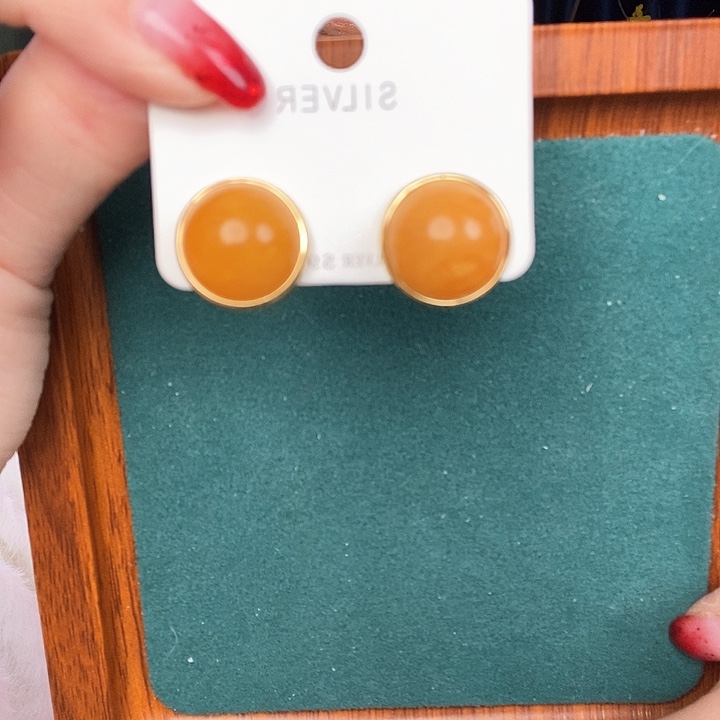 蜜蜡耳饰银S925镶嵌耳钉