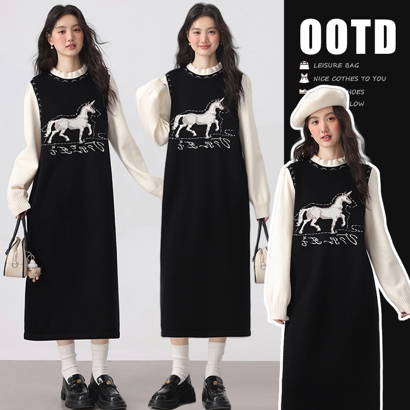 【甜甜圈】2025秋冬新款小马提花长款针织毛衣假两件孕妇打底连衣裙