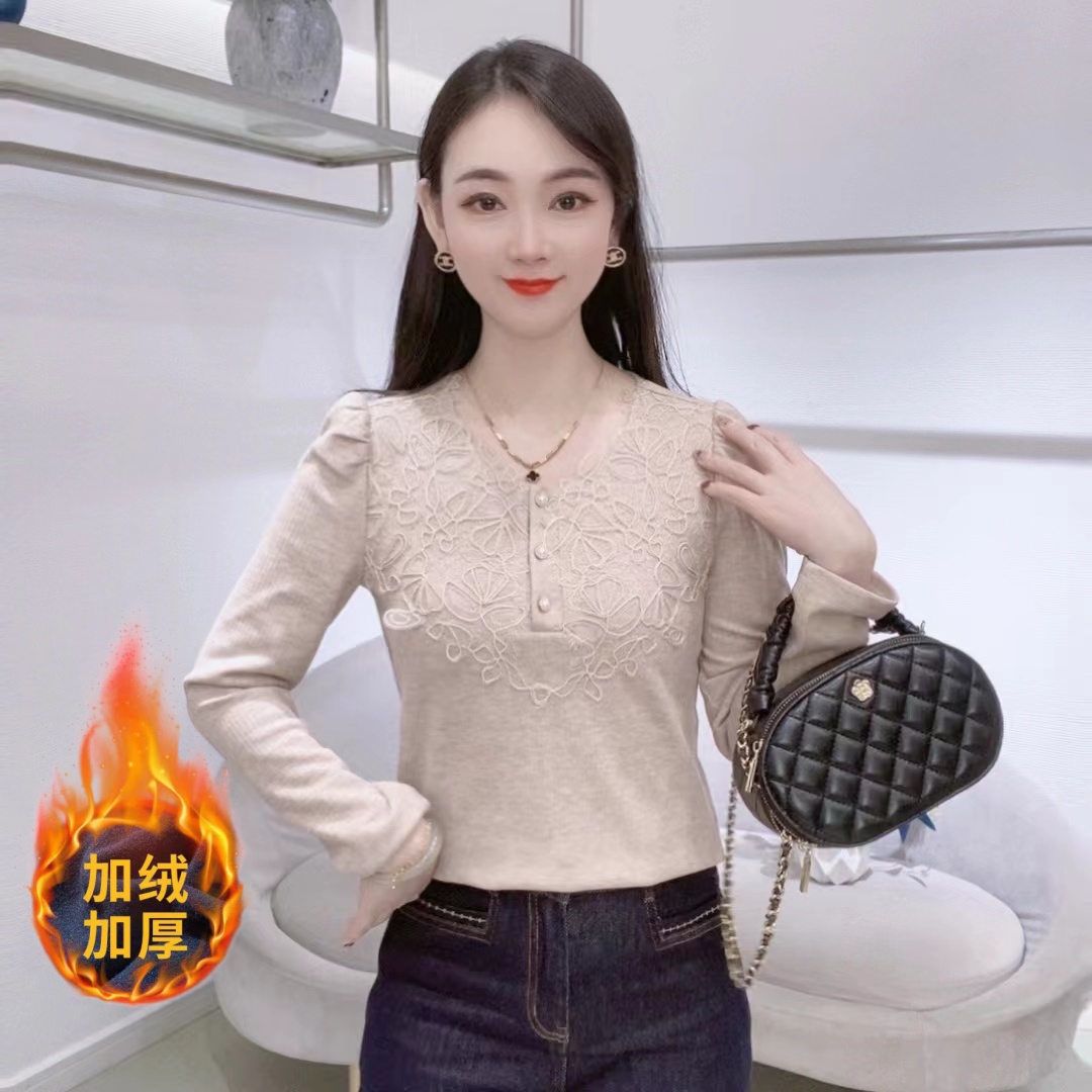 A9158冬季新款法式减龄长袖花边V领减龄洋气女T恤上衣
