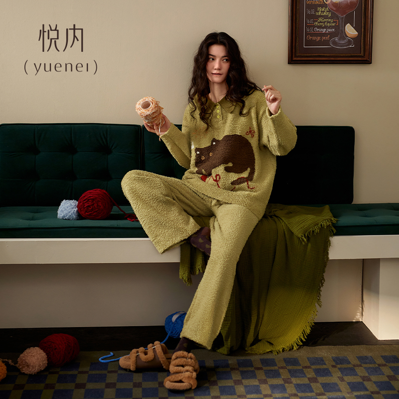 悦内半边绒睡衣女冬季秋冬款保暖加绒毛加厚珊瑚绒家居服冬天猫咪