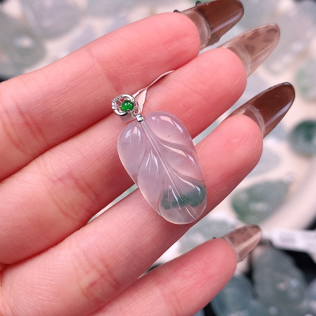 翡翠颈饰18K金镶嵌蓝花叶29、22，14，3