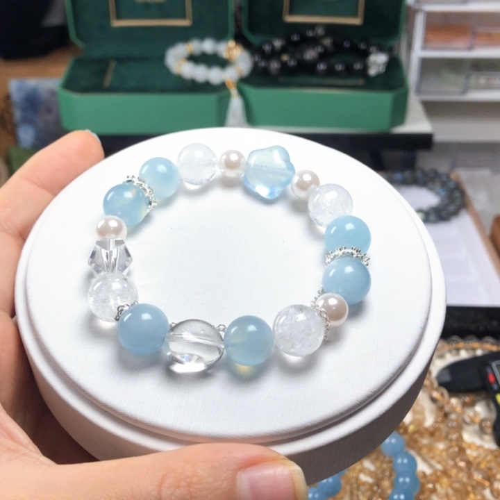 水晶手链银S925镶嵌海蓝宝