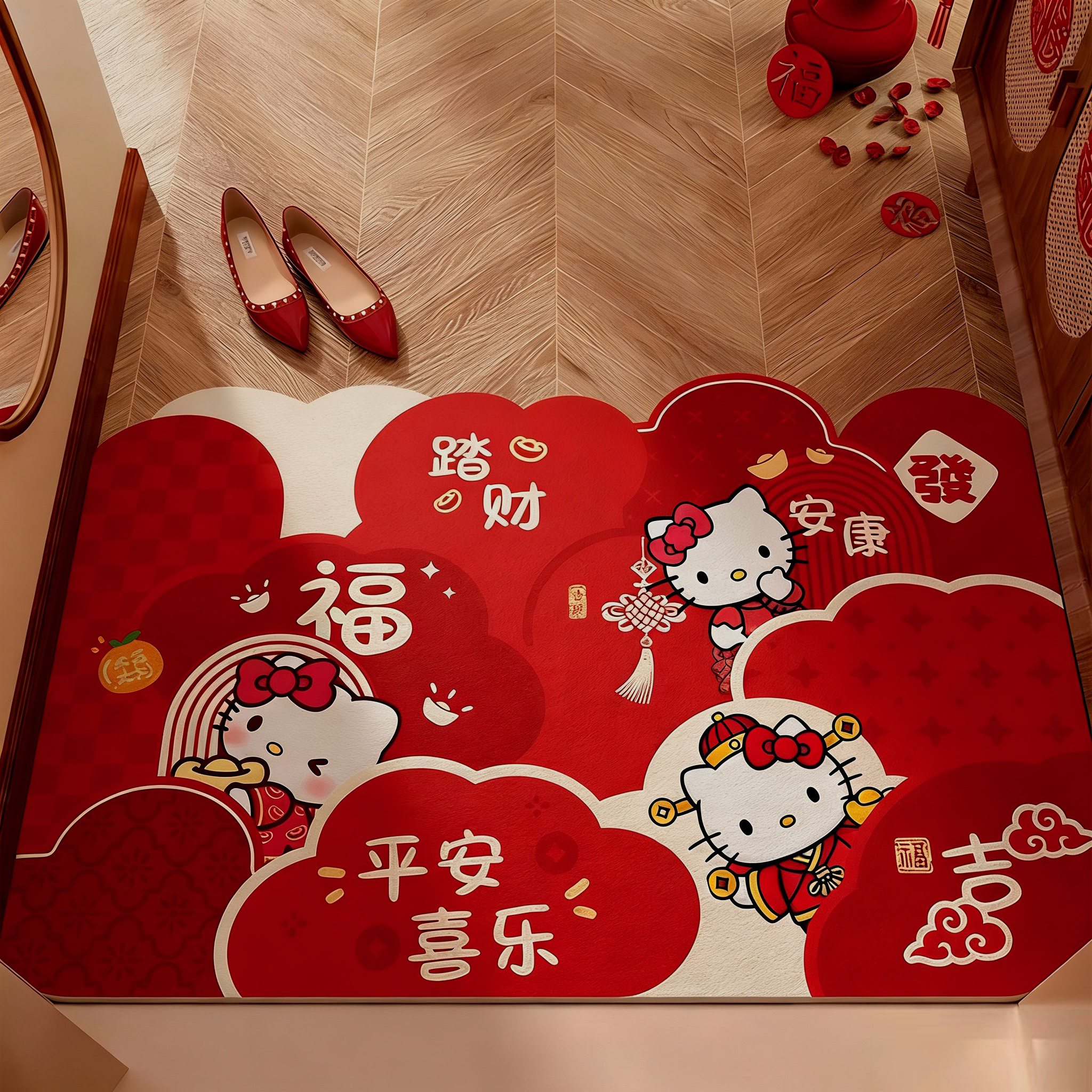 新年红色喜庆卡通入户门地垫防滑垫地毯垫子防滑耐脏家用玄关脚垫