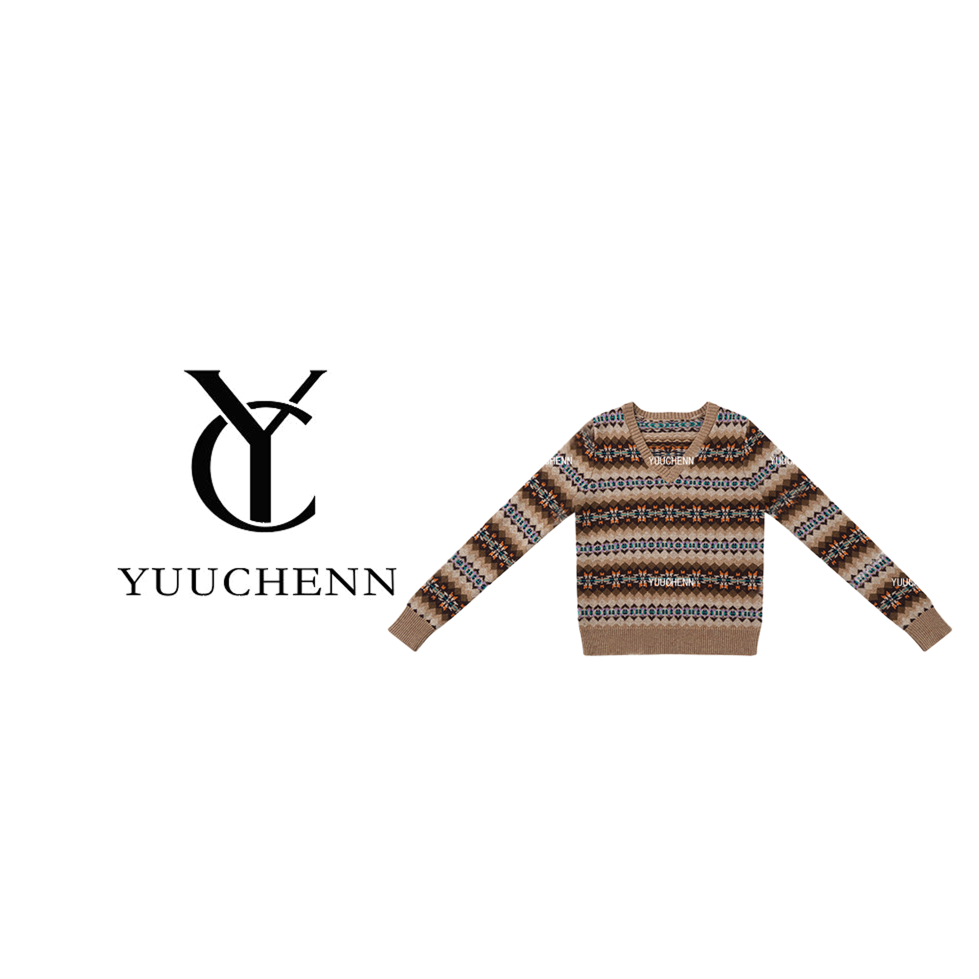 YUUCHENN兔毛长袖花纹休闲风绵羊毛针织衫休闲套头衫23C19692