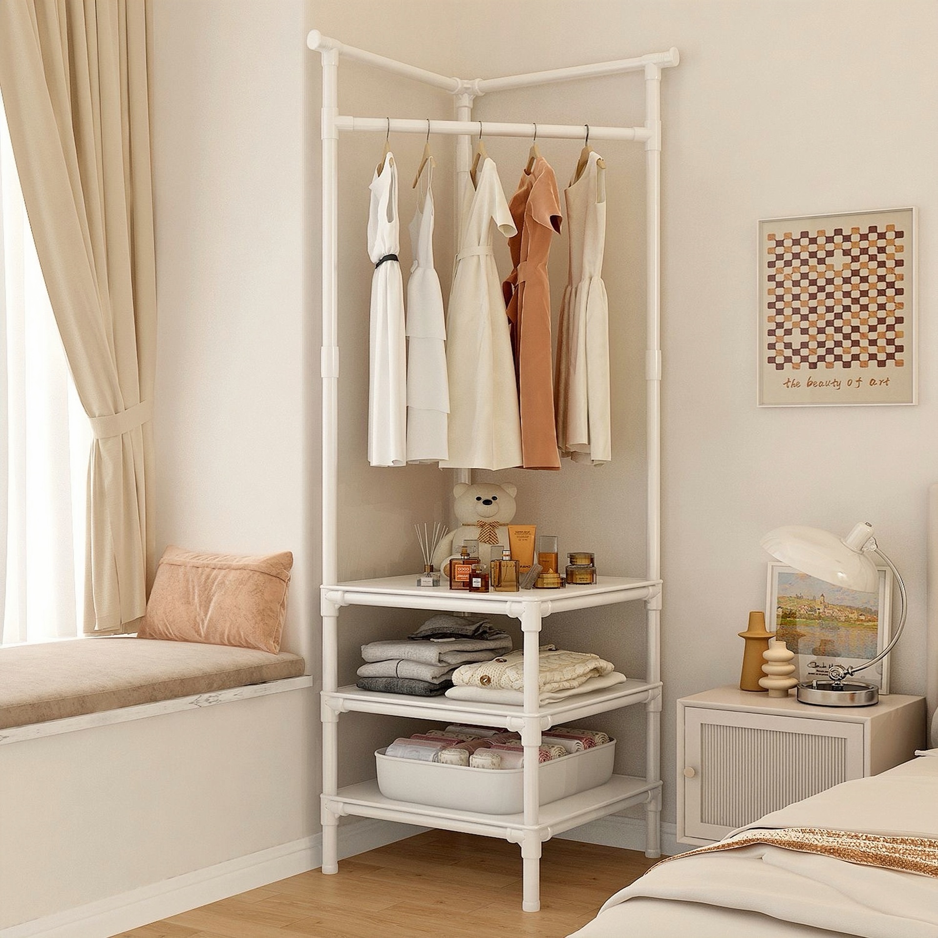 转角衣帽架落地家用卧室挂衣架床头放衣服简易置物架墙角鞋帽架子
