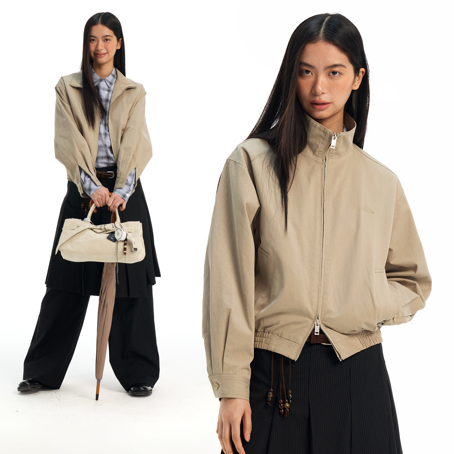 江南先生NewJNXS巴恩风简约立领斜纹梭织外套春微落肩短款夹克女